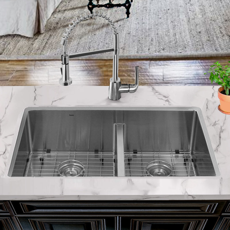 Nantucket Sinks SR3219-OS-16 - 32 Inch Pro Series 60/40 Offset Double bowl Undermount Small Radius Stainless Steel Kitchen Sink - view 6