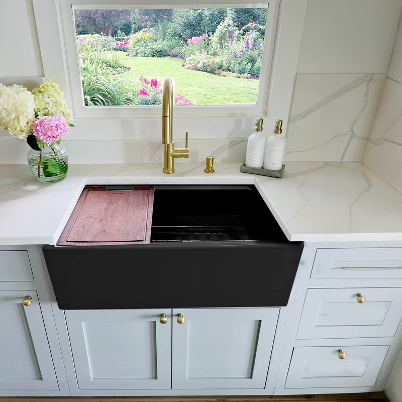 Nantucket Sinks 30-inch Workstation Fireclay Apron Sink Side Drain - Matte Black T-PS30MB - view 6