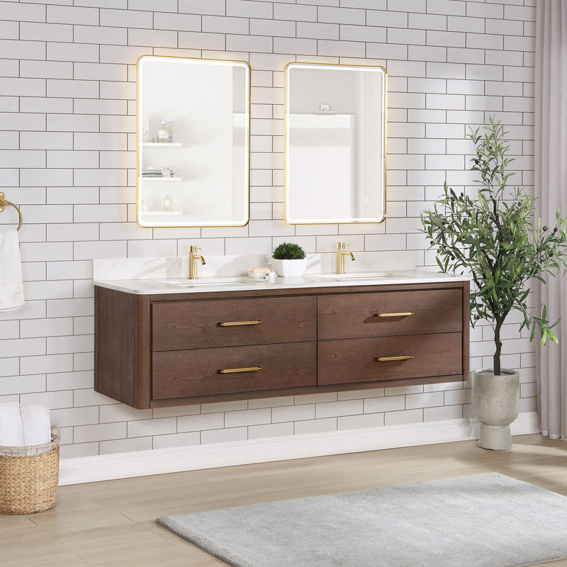 Vinnova 706672-AD-BK Cristo 72" Floating Double Bath Vanity in Aged Dark Brown Oak with Fish Maw White Quartz Stone Top