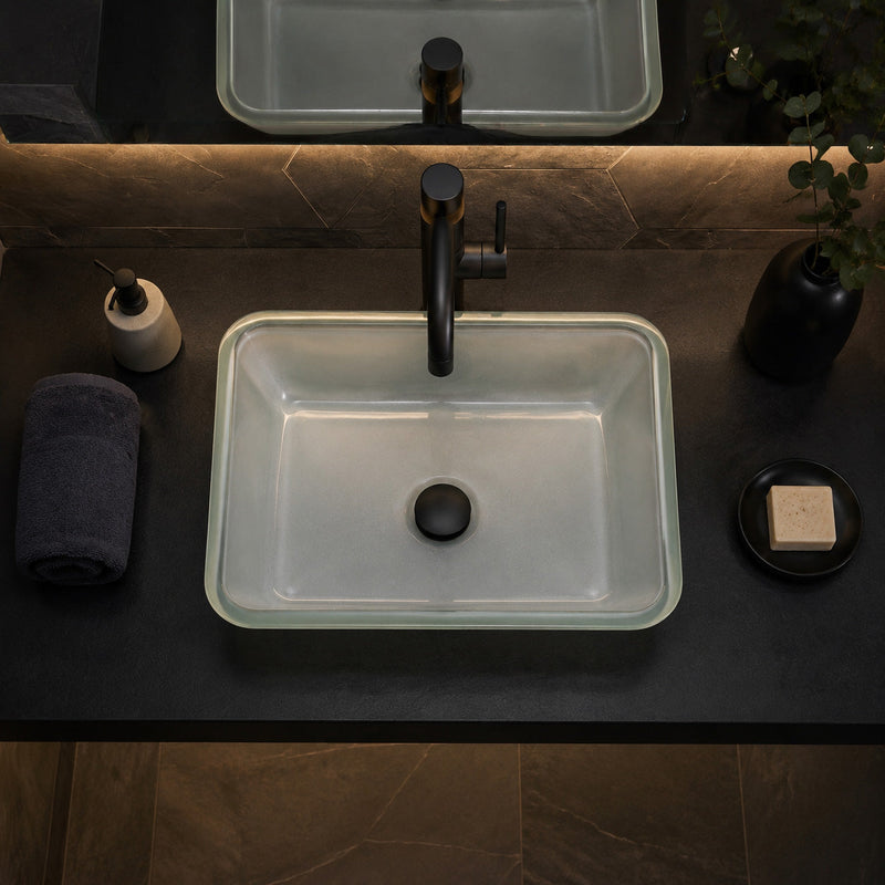 Anzzi LS-AZ910 Innovio Series 18 in. L x 13 in. W Rectangular Bathroom Vessel Sink in Matte White Finish Glass with Chrome Pop-Up Drain