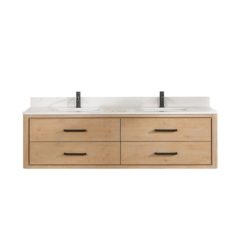 Vinnova 706672-FN-BK Cristo 72" Floating Double Bath Vanity in Fir Wood Brown with Fish Maw White Quartz Stone Top