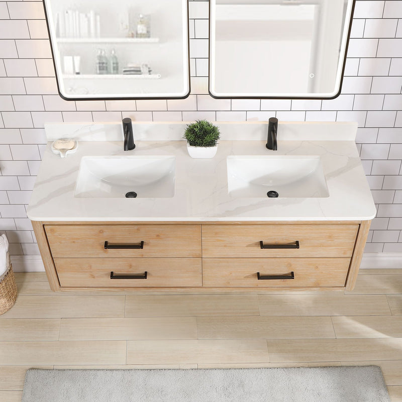 Vinnova 706660M-FN-BK Cristo 60M" Floating Double Bath Vanity in Fir Wood Brown with Fish Maw White Quartz Stone Top