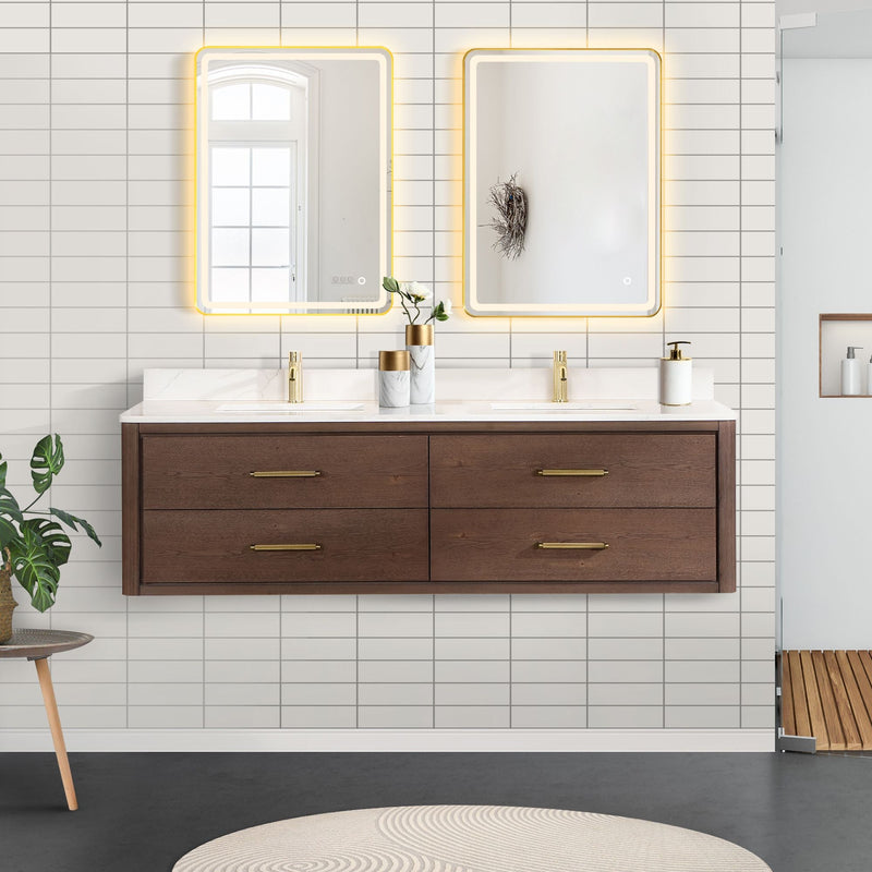 Vinnova 706672-AD-BK Cristo 72" Floating Double Bath Vanity in Aged Dark Brown Oak with Fish Maw White Quartz Stone Top