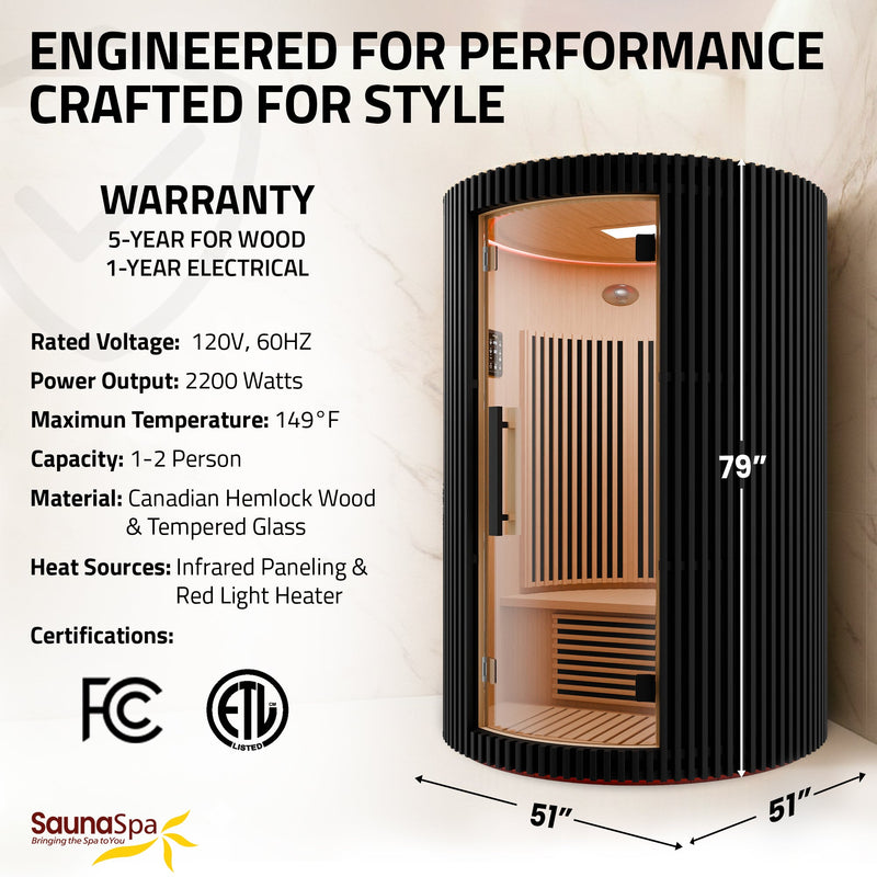 SaunaSpa SC-SS0025-0SBK 1-2 Person Round Infrared Sauna in Black Canadian Hemlock