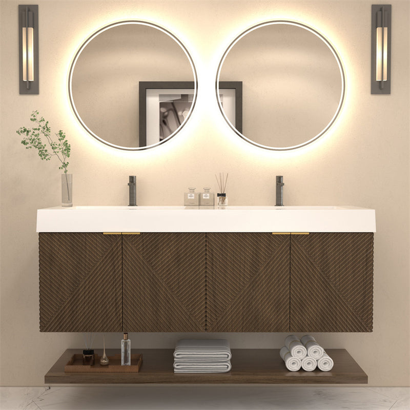 Moreno Bath MT60D Stella 60" Fluted Floating Bathroom Vanity with Reinforced Acrylic Double Sink