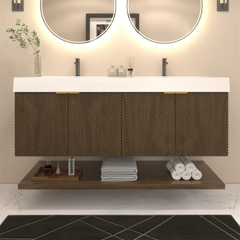 Moreno Bath MT60D Stella 60" Fluted Floating Bathroom Vanity with Reinforced Acrylic Double Sink