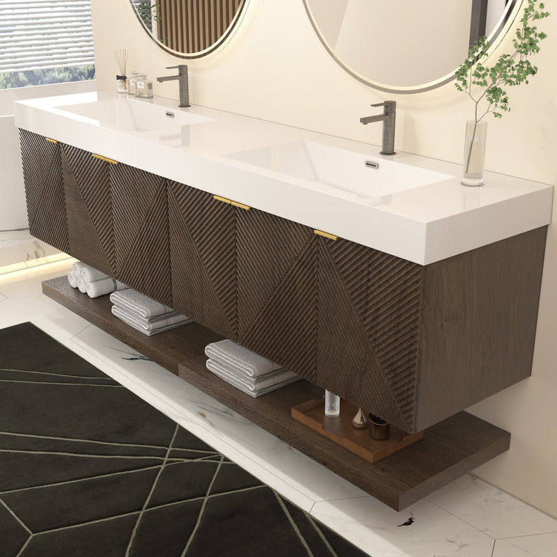 Moreno Bath MT84D Stella 84" Fluted Floating Bathroom Vanity with Reinforced Acrylic Double Sink