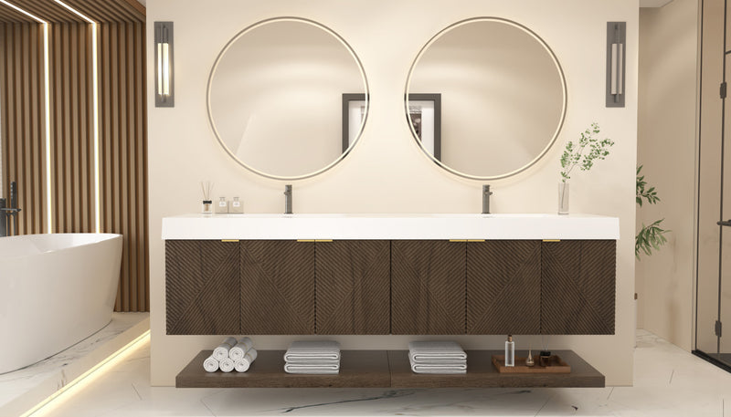 Moreno Bath MT84D Stella 84" Fluted Floating Bathroom Vanity with Reinforced Acrylic Double Sink