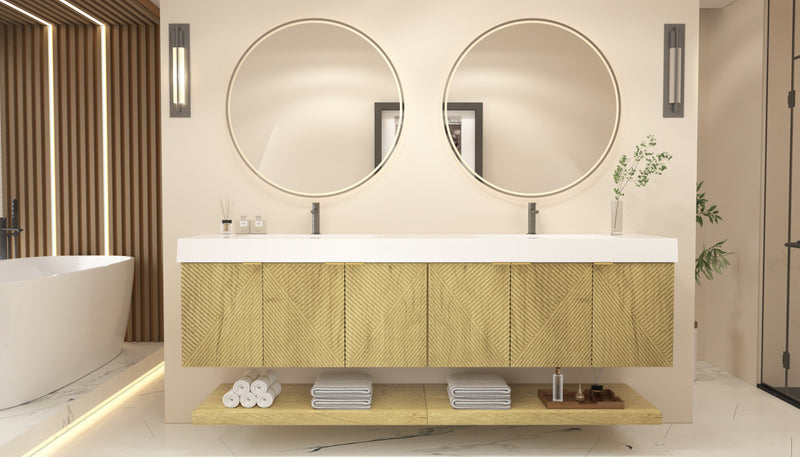 Moreno Bath MT84D Stella 84" Fluted Floating Bathroom Vanity with Reinforced Acrylic Double Sink