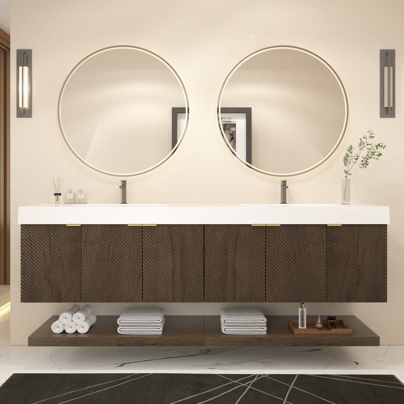 Moreno Bath MT84D Stella 84" Fluted Floating Bathroom Vanity with Reinforced Acrylic Double Sink