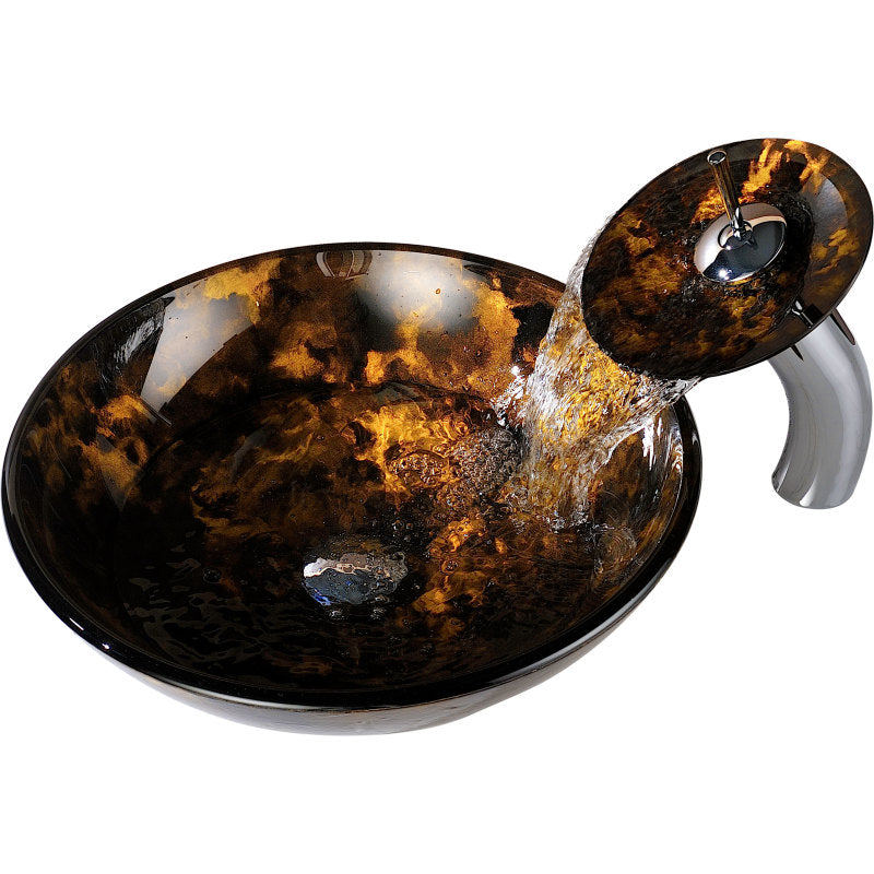 Anzzi LS-AZ049 Timbre Series 17 in. Round Bathroom Vessel Sink in Kindled Amber Finish Glass with Matching Chrome Waterfall Faucet