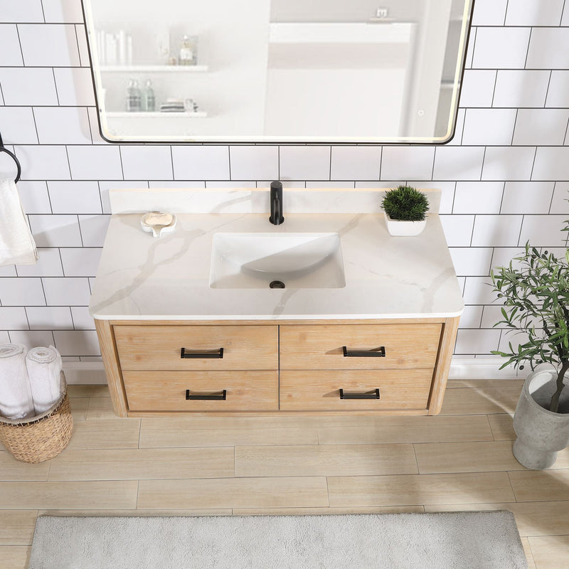 Vinnova 706648-FN-BK Cristo 48" Floating Single Bath Vanity in Fir Wood Brown with Fish Maw White Quartz Stone Top