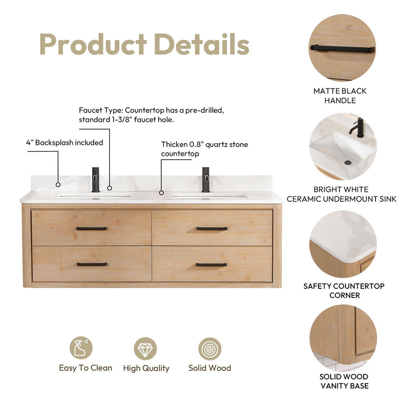 Vinnova 706660M-FN-BK Cristo 60M" Floating Double Bath Vanity in Fir Wood Brown with Fish Maw White Quartz Stone Top
