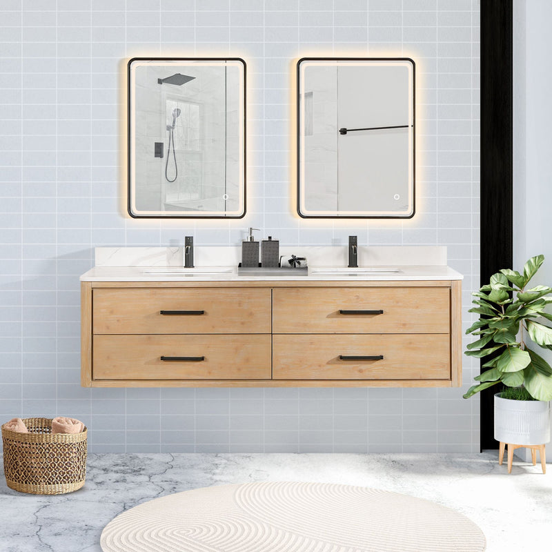 Vinnova 706672-FN-BK Cristo 72" Floating Double Bath Vanity in Fir Wood Brown with Fish Maw White Quartz Stone Top