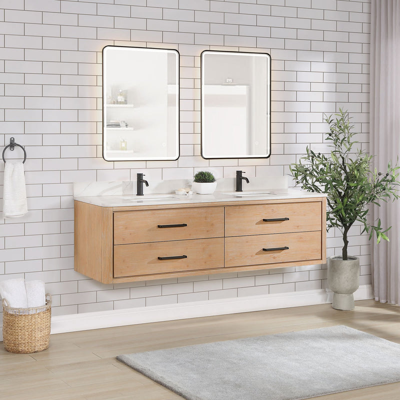 Vinnova 706672-FN-BK Cristo 72" Floating Double Bath Vanity in Fir Wood Brown with Fish Maw White Quartz Stone Top