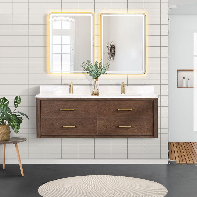 Vinnova 706660M-AD-BK Cristo 60M" Floating Double Bath Vanity in Aged Dark Brown Oak