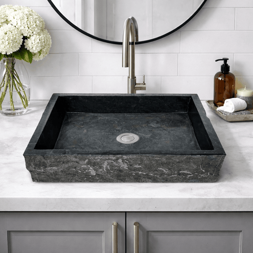 Velpa Marble Vessel Sink with Chiseled Exterior - Polished Black Interior