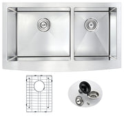 Anzzi Elysian Farmhouse Stainless Steel 36 in. 0-Hole 60/40 Double Bowl Kitchen Sink in Brushed Satin