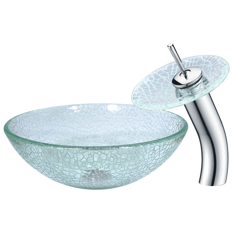 Anzzi LS-AZ063 Choir Series 17 in. Round Bathroom Vessel Sink in Crystal Clear Mosaic Glass with Matching Chrome Waterfall Faucet