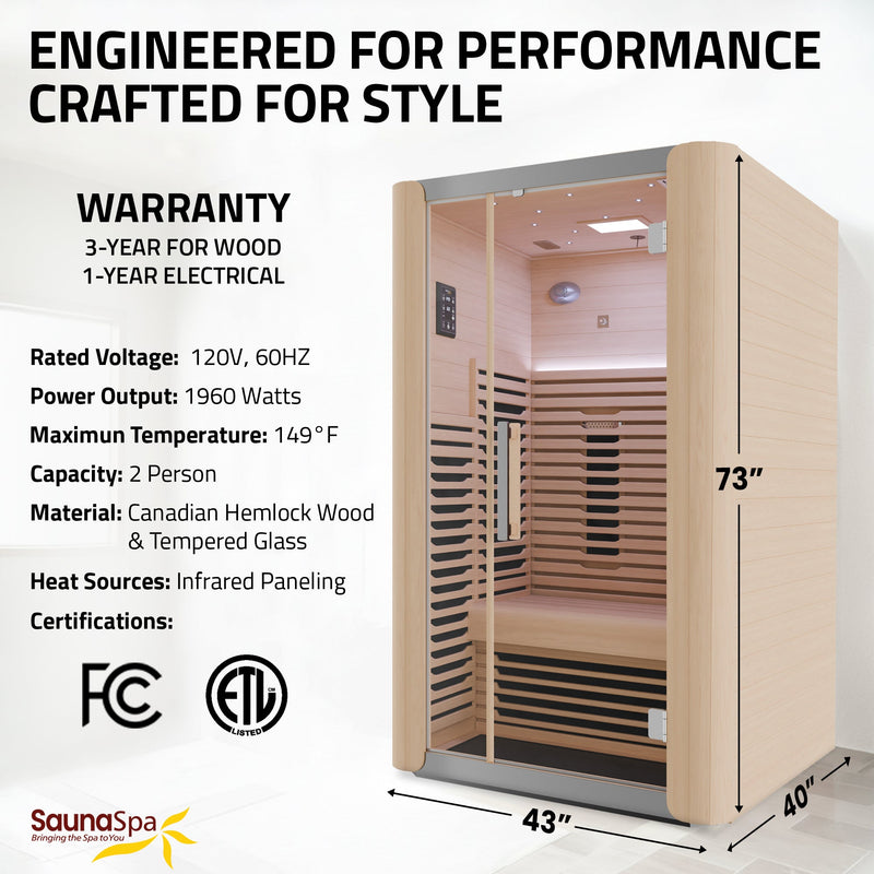 SaunaSpa SC-SS0023-2P 2-Person Full Spectrum Infrared Indoor Sauna in Hemlock