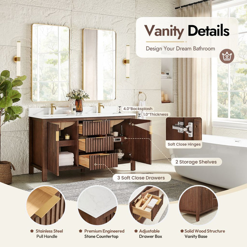 Vinnova 704260M-AD-GW Shenzhen 60M" Double Sink Bath Vanity in Aged Dark Brown Oak