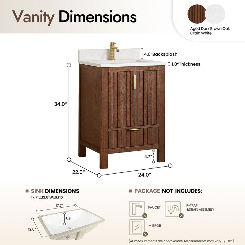 Vinnova 704224-AD-GW Shenzhen 24" Single Sink Bath Vanity in Aged Dark Brown Oak