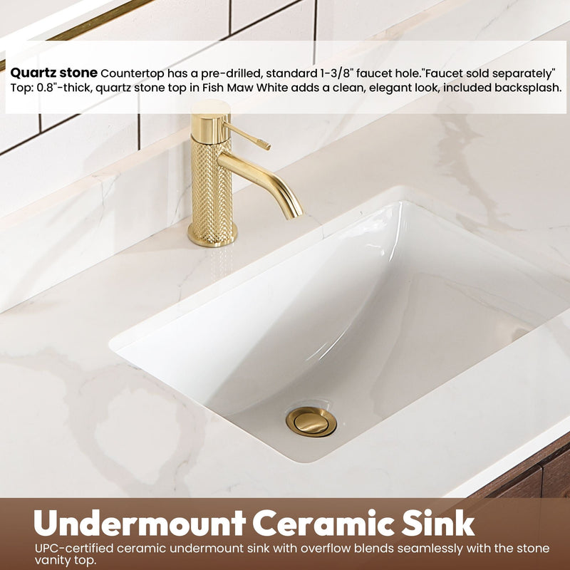 Vinnova 706655-AD-BK Cristo 55" Floating Single Bath Vanity in Aged Dark Brown Oak with Fish Maw White Quartz Stone Top