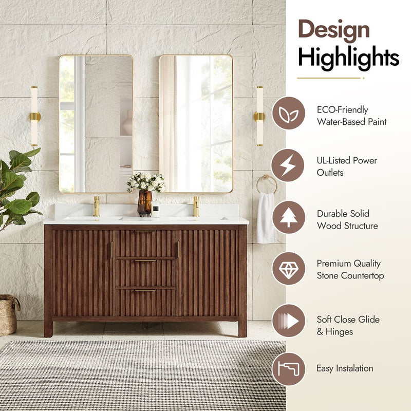 Vinnova 704260M-AD-GW Shenzhen 60M" Double Sink Bath Vanity in Aged Dark Brown Oak