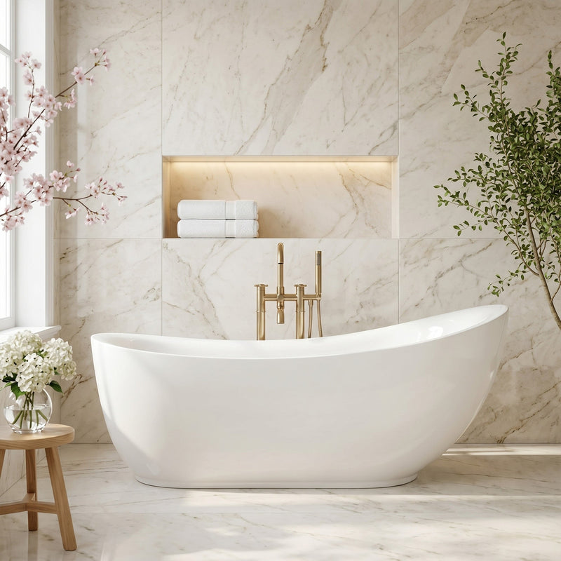 Anzzi FT-AZ090 Talyah Series 71 in. x 35 in. Flat Bottom Acrylic Freestanding Soaking Bathtub with Center Drain in Glossy White - view 3