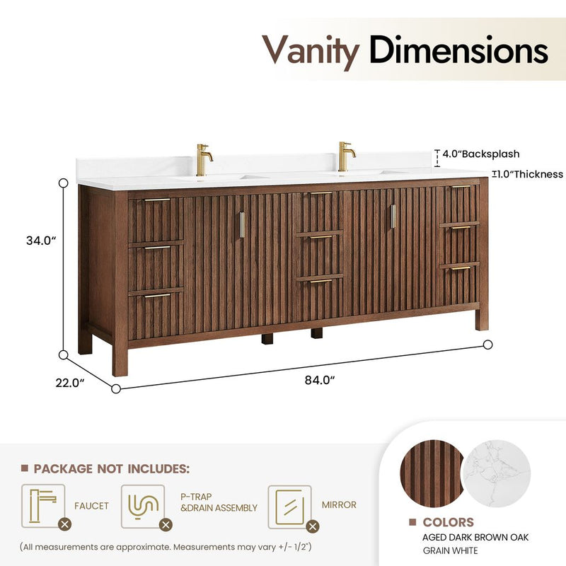 Vinnova 704284-AD-GW Shenzhen 84" Double Sink Bath Vanity in Aged Dark Brown Oak