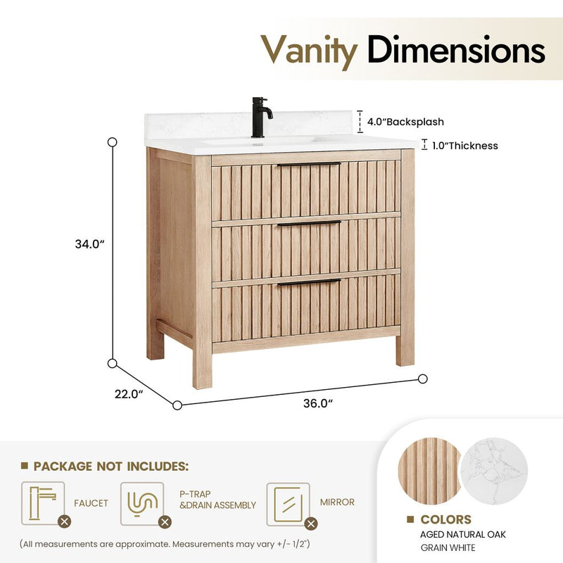 Vinnova 704236-AN-GW Shenzhen 36" Single Sink Bath Vanity in Aged Natural Oak