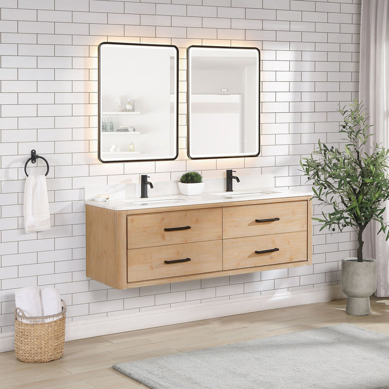 Vinnova 706660M-FN-BK Cristo 60M" Floating Double Bath Vanity in Fir Wood Brown with Fish Maw White Quartz Stone Top