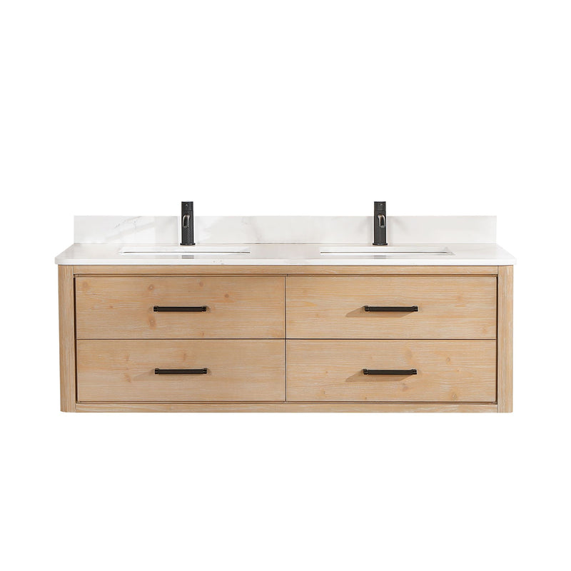 Vinnova 706660M-FN-BK Cristo 60M" Floating Double Bath Vanity in Fir Wood Brown with Fish Maw White Quartz Stone Top