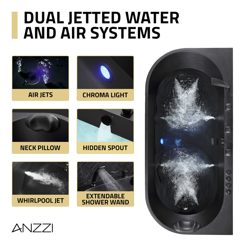 Anzzi FT-AZ514BK-BK Stone Belle 67 in. x 32 in. Freestanding Whirlpool and Air Bathtub in Black