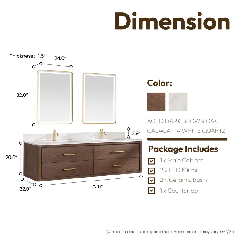 Vinnova 706672-AD-BK Cristo 72" Floating Double Bath Vanity in Aged Dark Brown Oak with Fish Maw White Quartz Stone Top