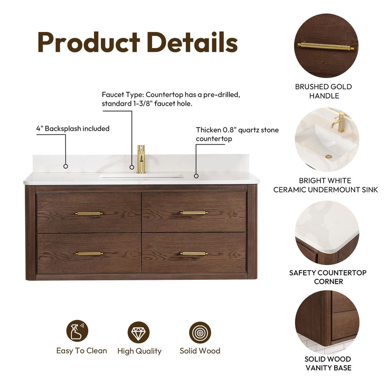 Vinnova 706648-AD-BK Cristo 48" Floating Single Bath Vanity in Aged Dark Brown Oak with Fish Maw White Quartz Stone Top