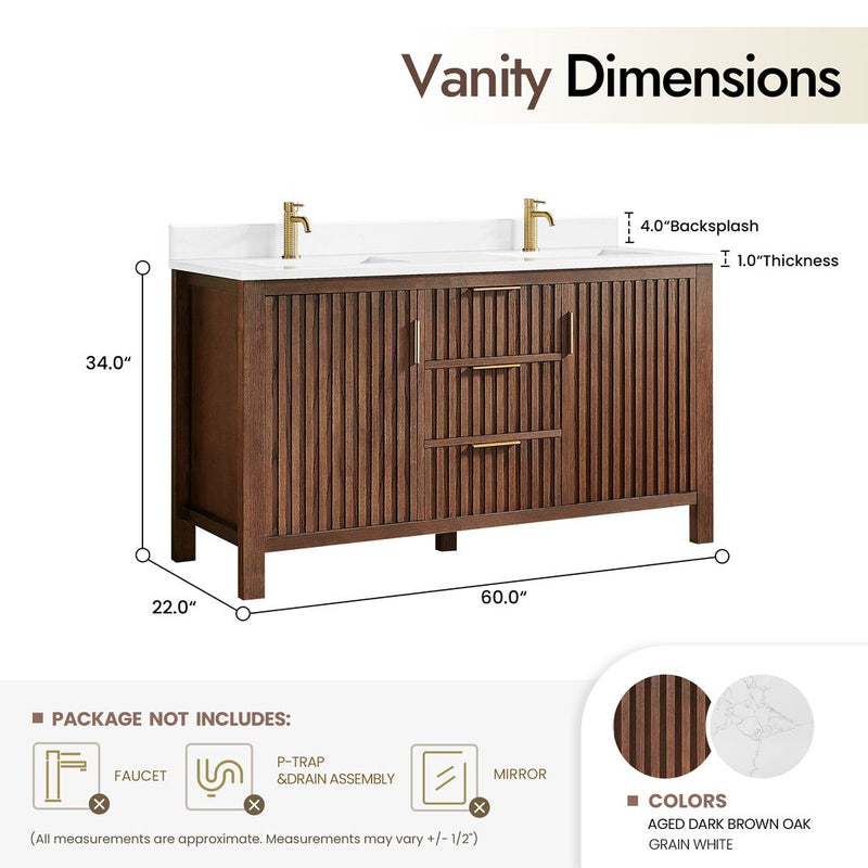 Vinnova 704260M-AD-GW Shenzhen 60M" Double Sink Bath Vanity in Aged Dark Brown Oak