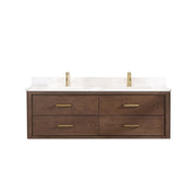 Vinnova 706660M-AD-BK Cristo 60M" Floating Double Bath Vanity in Aged Dark Brown Oak with Fish Maw White Quartz Stone Top - view 2