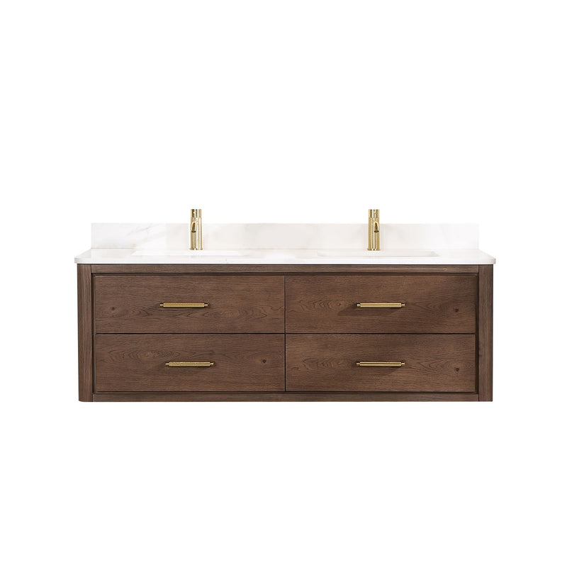 Vinnova 706660M-AD-BK Cristo 60M" Floating Double Bath Vanity in Aged Dark Brown Oak with Fish Maw White Quartz Stone Top - view 2