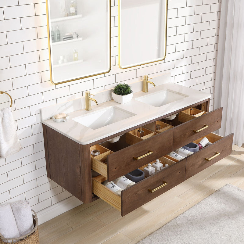 Vinnova 706660M-AD-BK Cristo 60M" Floating Double Bath Vanity in Aged Dark Brown Oak with Fish Maw White Quartz Stone Top - view 6