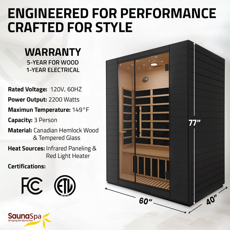 SaunaSpa SC-SS0029-0S 3-Person Indoor Infrared Sauna in Black Canadian Hemlock