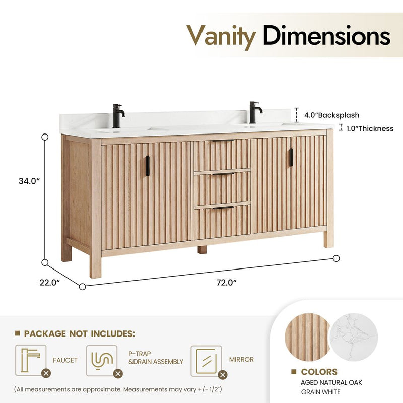 Vinnova 704272-AN-GW Shenzhen 72" Double Sink Bath Vanity in Aged Natural Oak